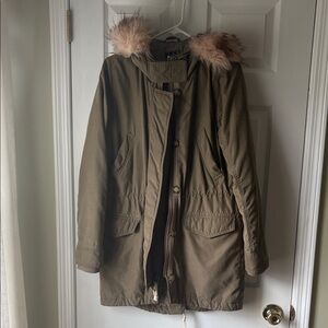 American Eagle Outfitters Khaki Utility Jacket with Faux Fur Trim